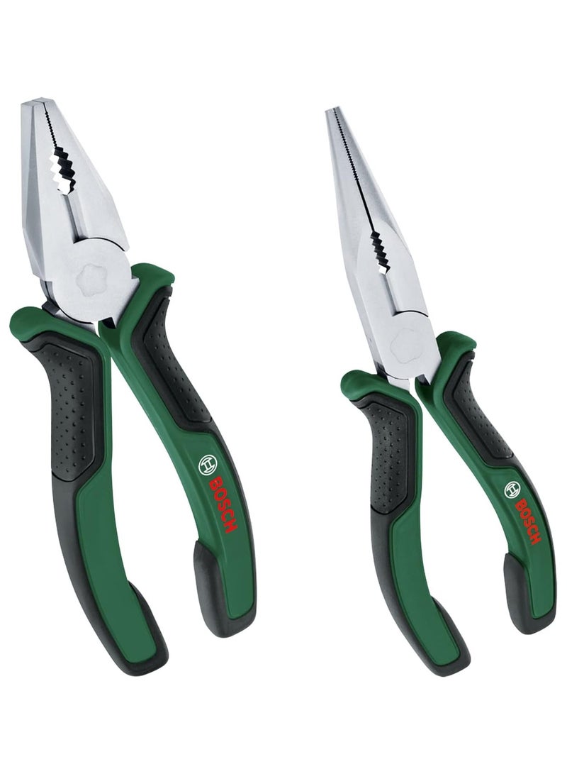 Bosch 2-piece pliers set (1 high-quality, precise and durable pliers and 1 long ergonomic pliers for many different tasks, chrome-nickel surface)